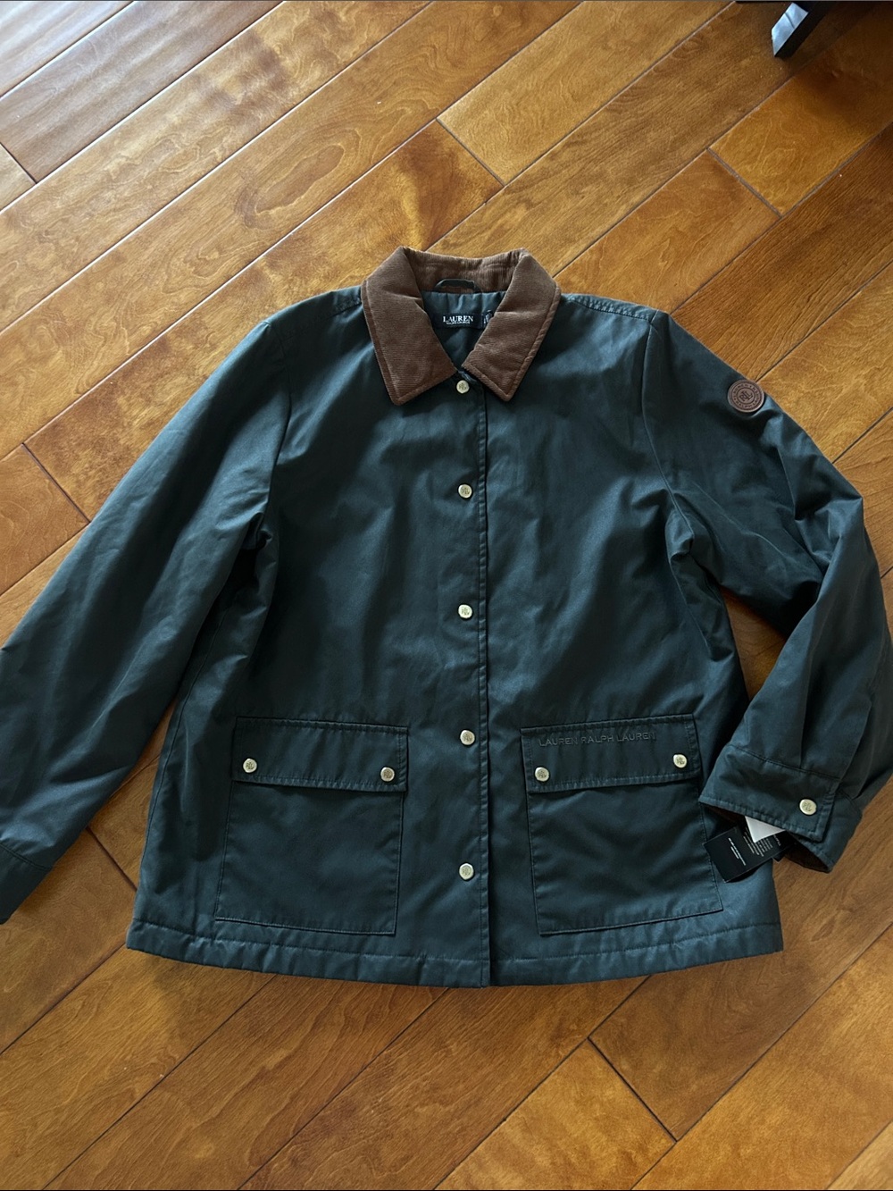 New Lauren Ralph Lauren Dark Green Utility Jacket with Brown Corduroy Collar